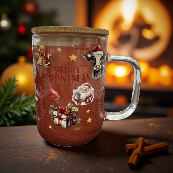 Personalized Christmas Glass Snow Globe Mug with Wood Lid and Plastic Straw