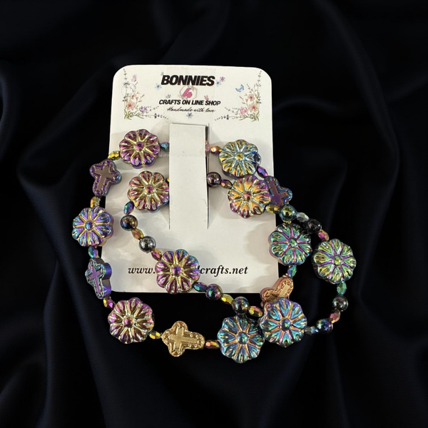 Iridescent Flower and Cross Beaded Bracelets, Set of Two