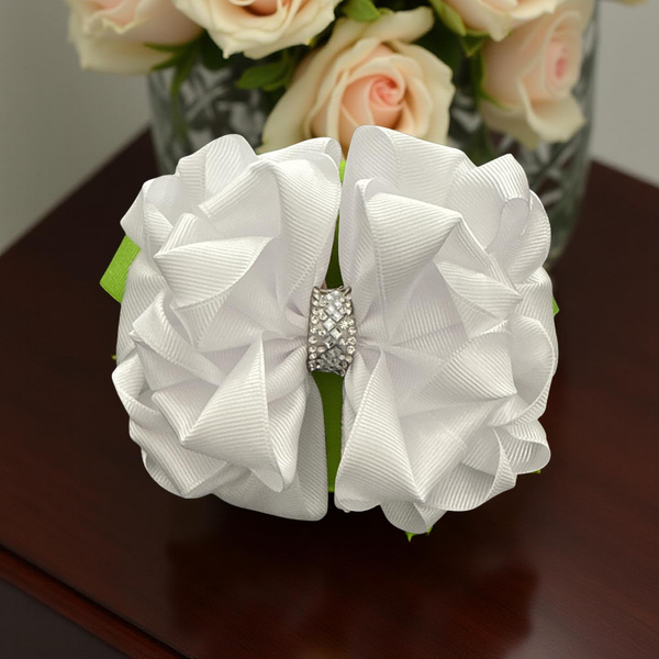 Handcrafted White Ribbon Hair Bow with Rhinestone Center and Snap Clip