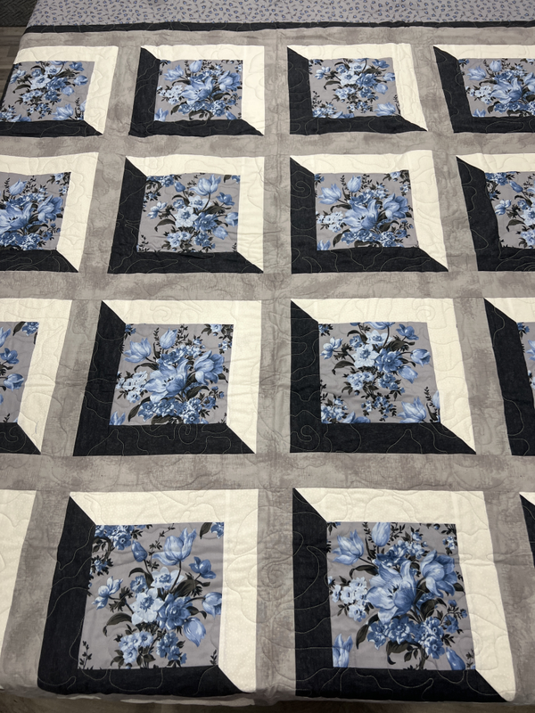 "Viewed" Throw Size Quilt with Blue Florals