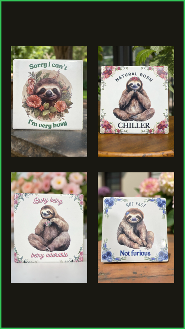 Ceramic Sloth Coasters with Flowers Set of 4