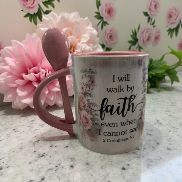"I Will Walk by Faith" Pink Floral Mug & Spoon 11 oz Gift Set