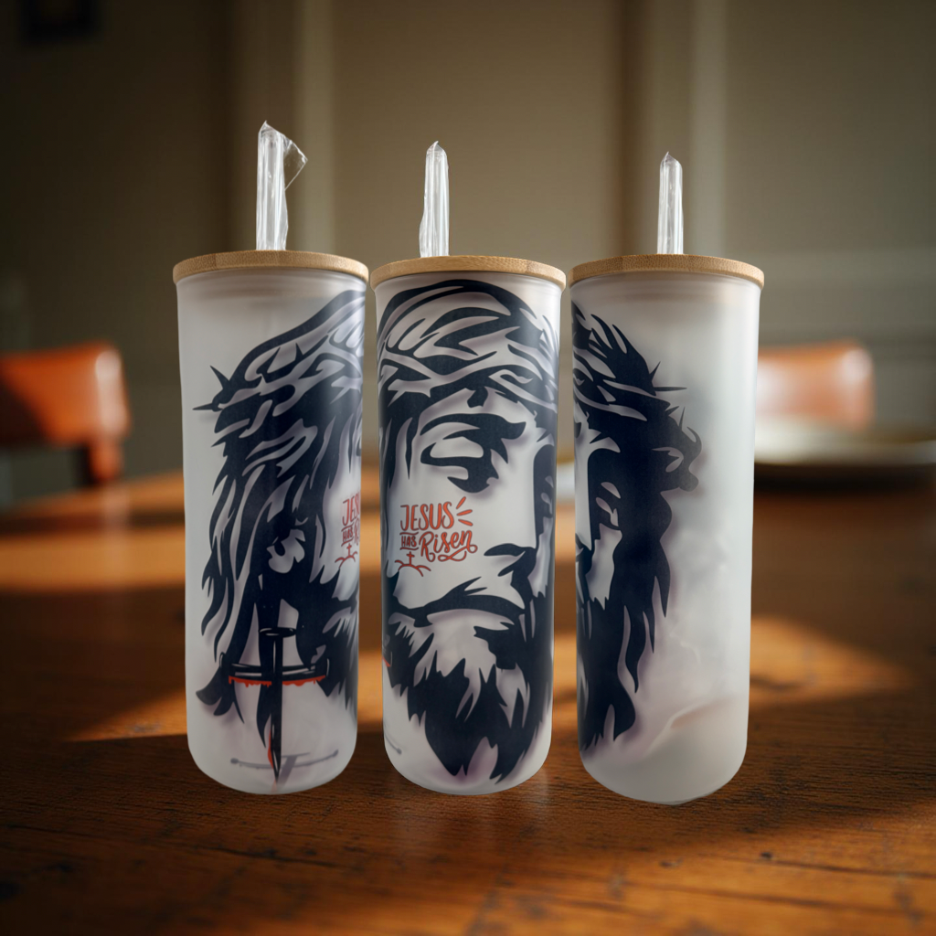He Has Risen 25oz Frosted Glass Tumbler with Bamboo Lid and Glass Straw