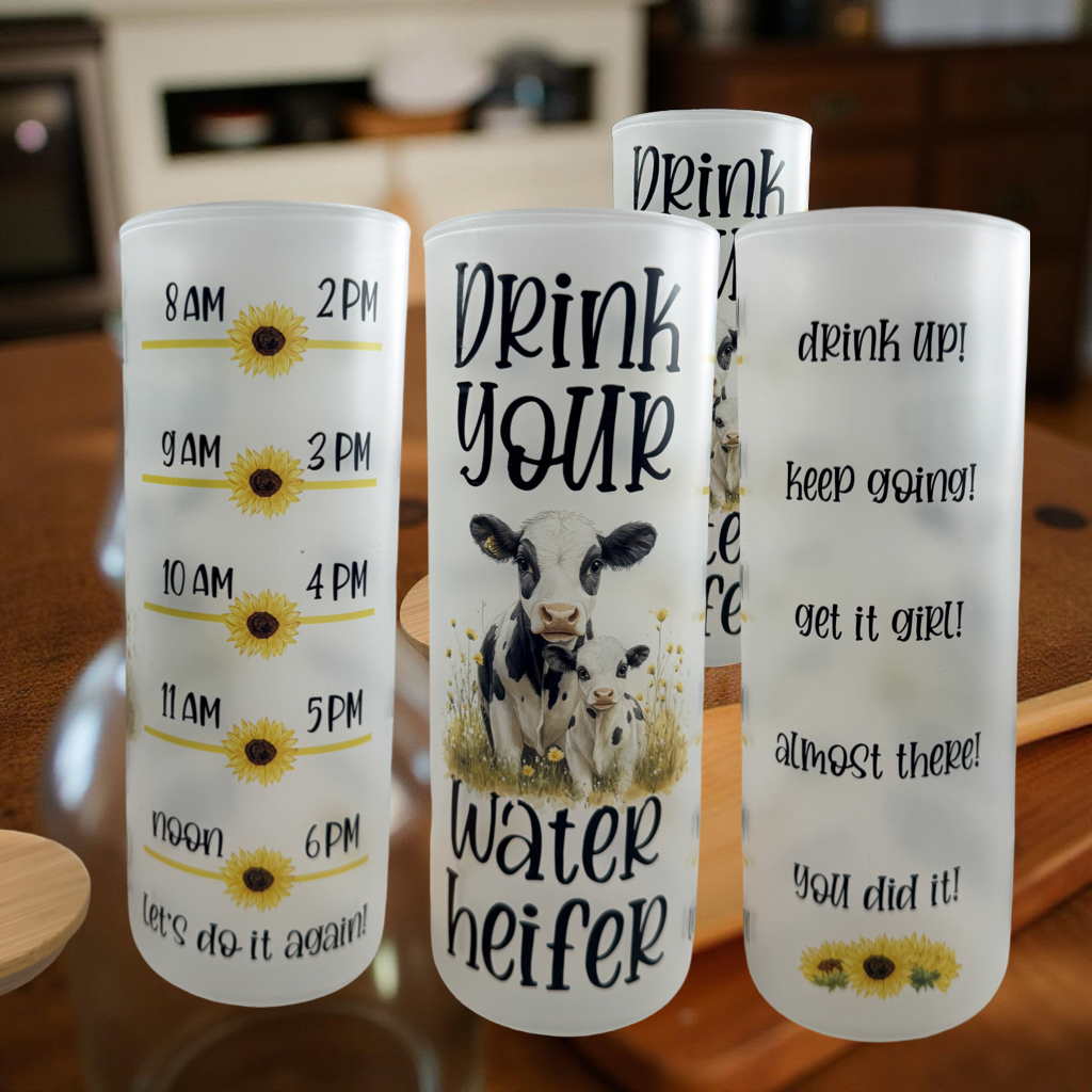 Drink More Water Heifer 25oz Fosted Glass Tumbler with Bamboo Lid and Glass Straw