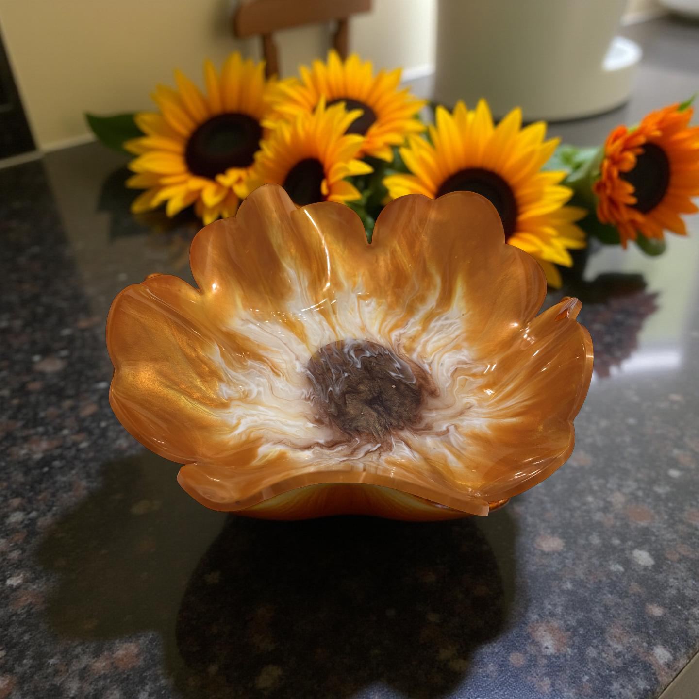 Handcrafted Resin 11inch Orange, Brown and White Flower Bowl