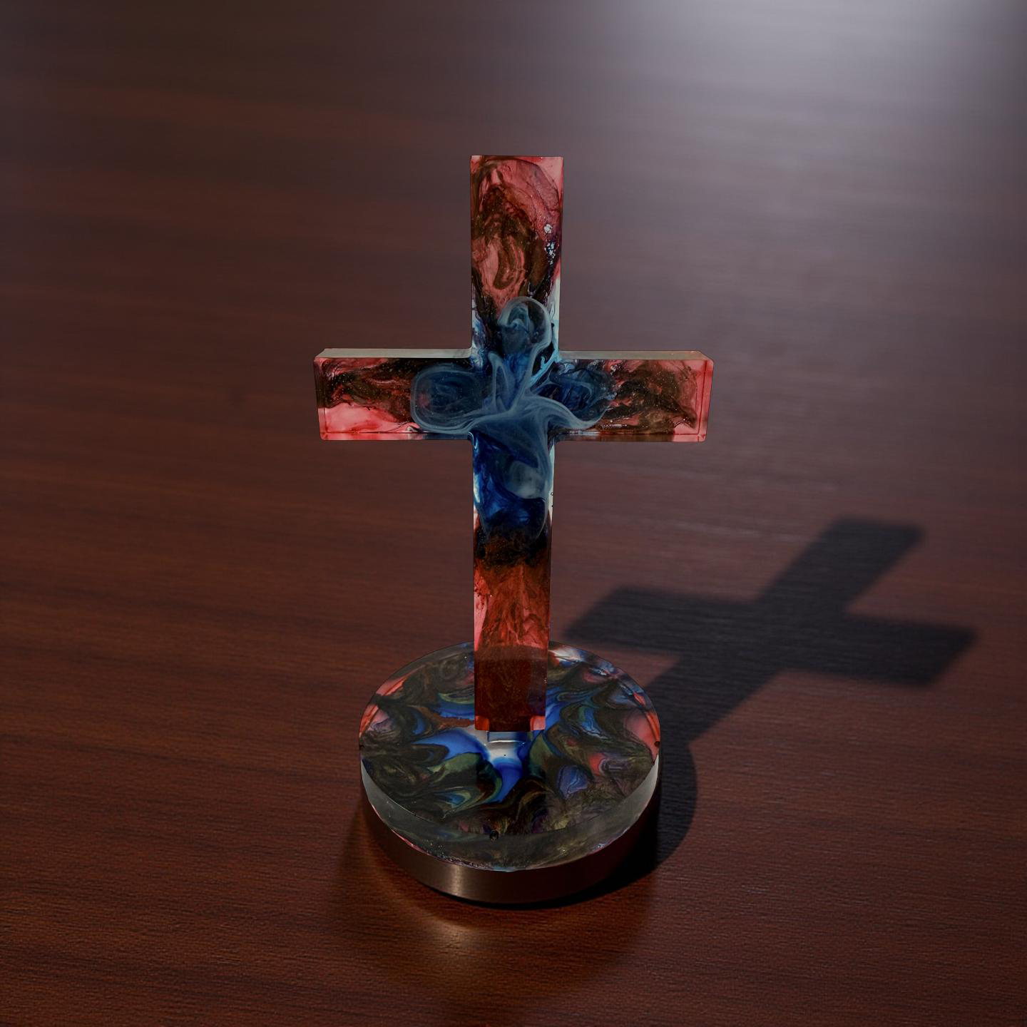 Handcrafted Resin Free Standing Cross with Red and Blue