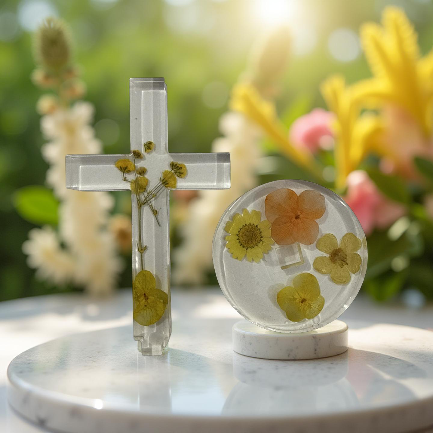 Handcrafted Resin Free Standing Cross with Yellow Flowers