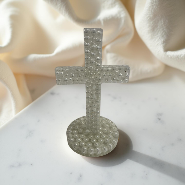 Handcrafted Resin Free Standing Cross with White Pearls