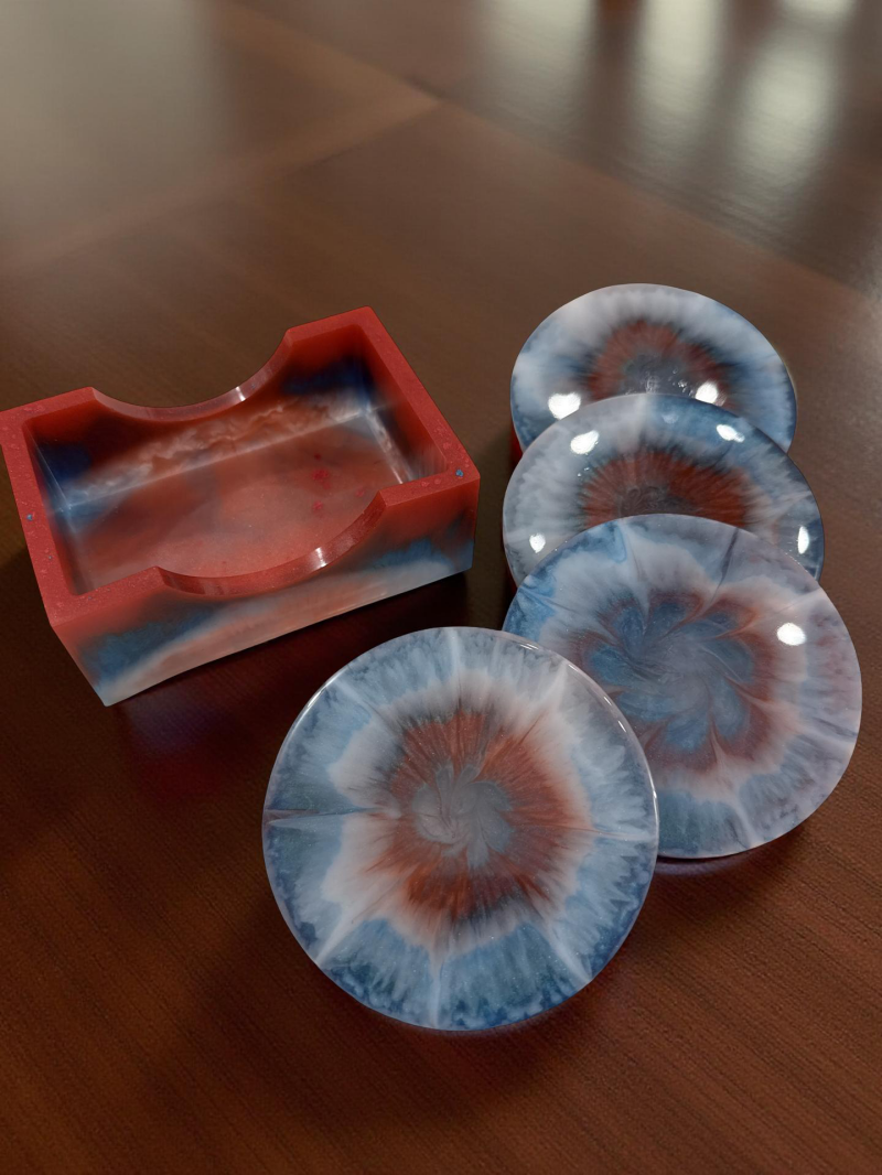 Set of 4 Handcrafted Resin Coasters with Stand