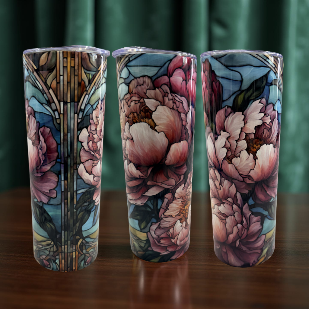 Stunning Stained Glass Peony 20 oz Skinny Tumbler