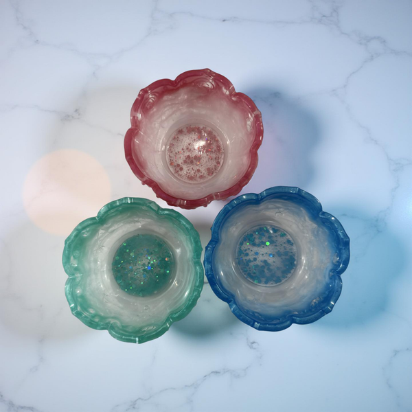 Handcrafted Pastel Blue, Pink, Green Flower Resin Trinket Dishes, Set of 3