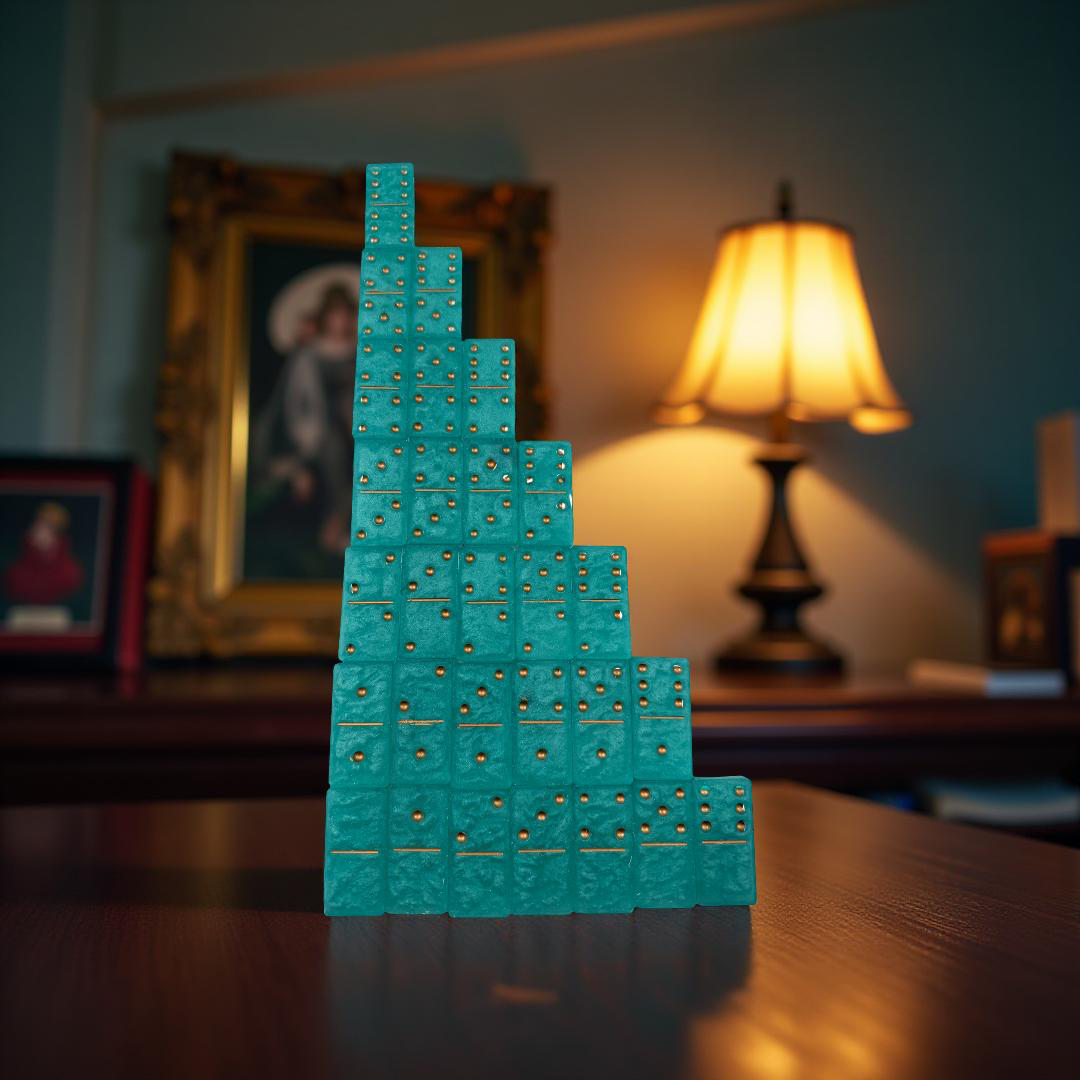 Handcrafted Resin Green and Gold Dominoes Set with Custom Made Resin Box