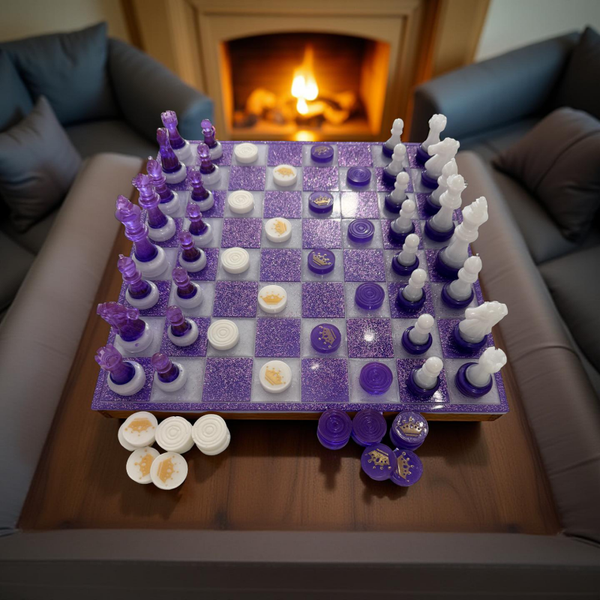 Handcrafted Purple and White Resin Chess & Checker Set