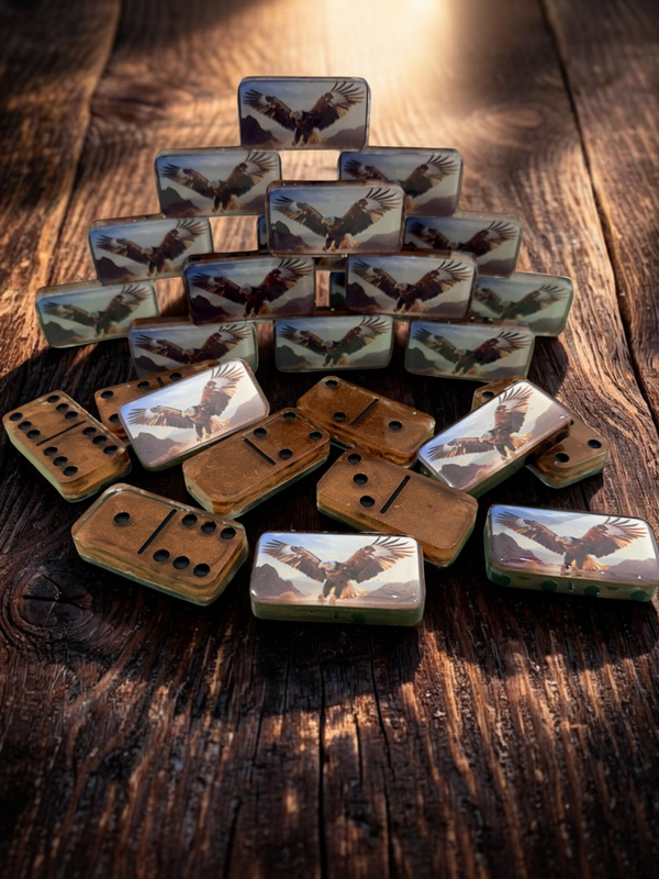 Eagle Domino Resin Set with Handcrafted wood burned box.