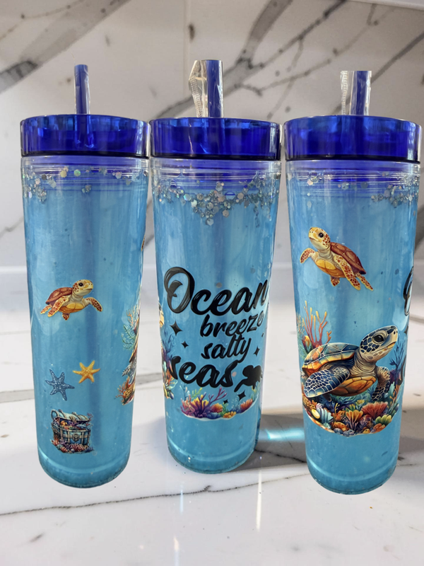 Ocean Theme 16 oz Skinny Snow Globe Tumbler with Sea Turtle Design Dark Blue