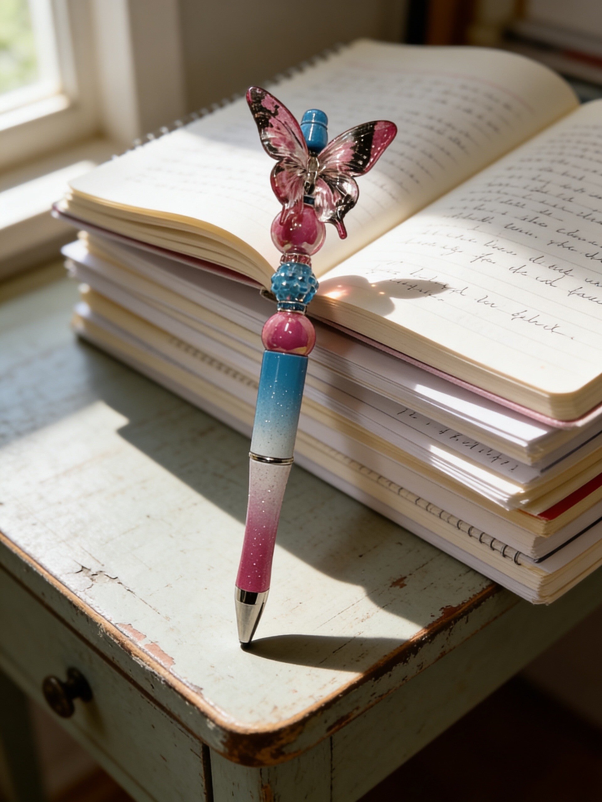 Handcrafted Cotton Candy Butterfly Beaded Pen – Tricolor Glitter Ombre Design