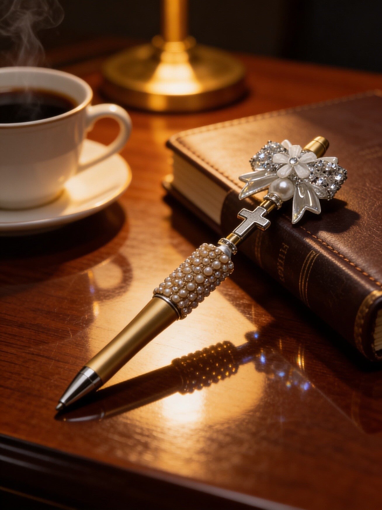 Elegant Cross & Floral Bow Custom Beaded Pen – Metallic Gold & Pearl Bling