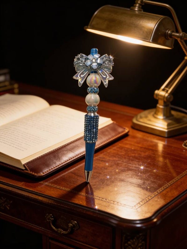 Ocean Blue Floral Bow Custom Beaded Pen – Iridescent Pearl & Rhinestone Bling