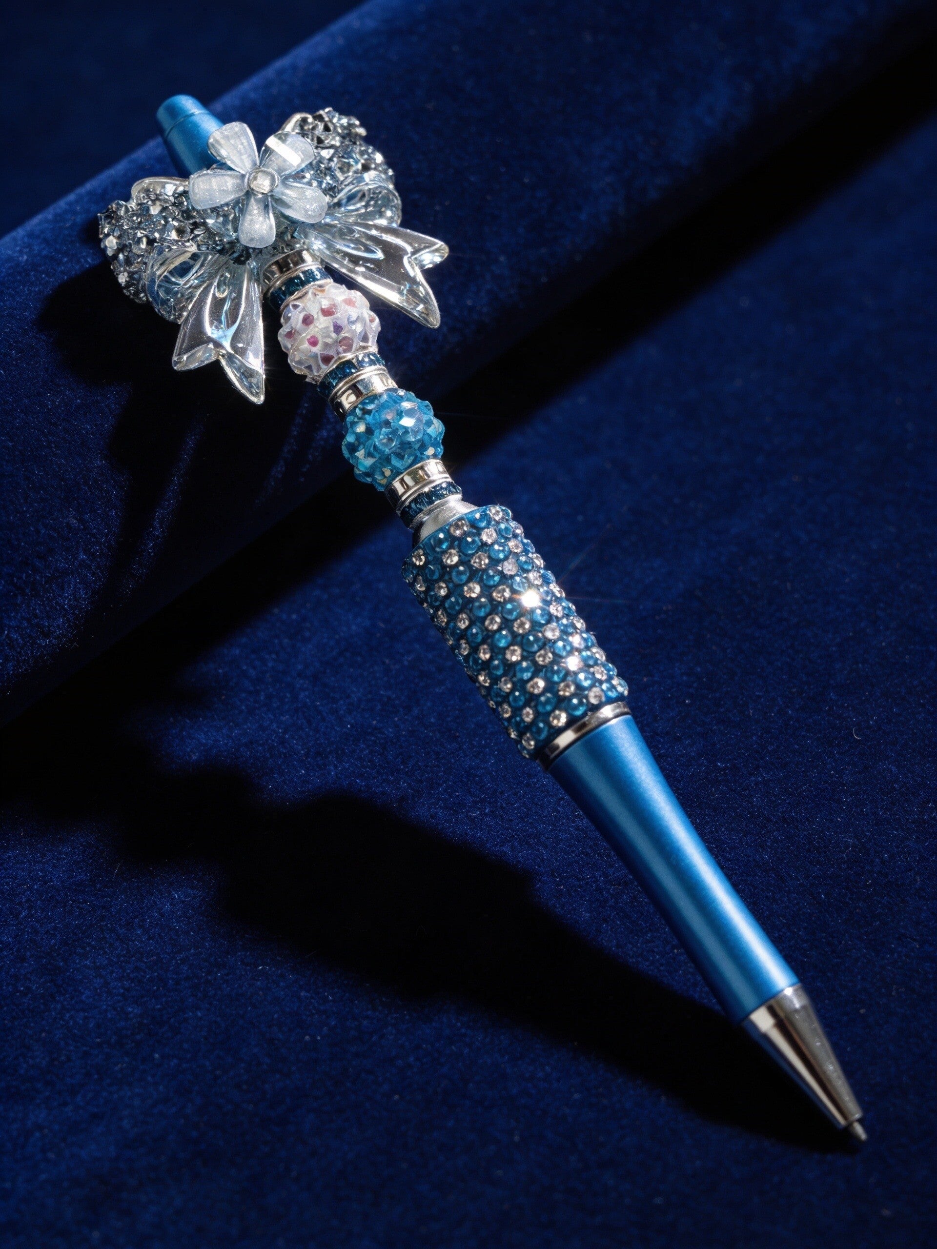 Ice Blue Floral Bow Custom Beaded Pen – Crystal Pearl & Rhinestone Bling