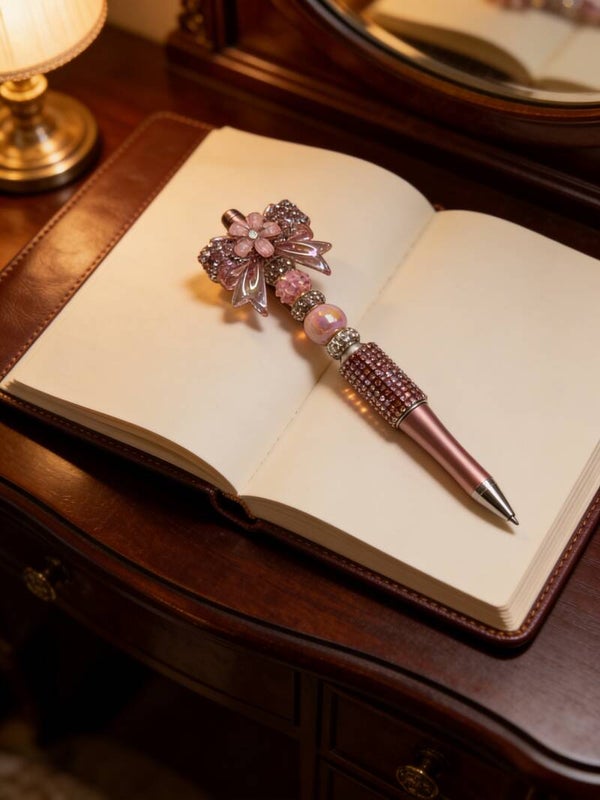 Coquette Rose Gold Floral Bow Custom Beaded Pen – Peach Glitter & Rhinestone Bling