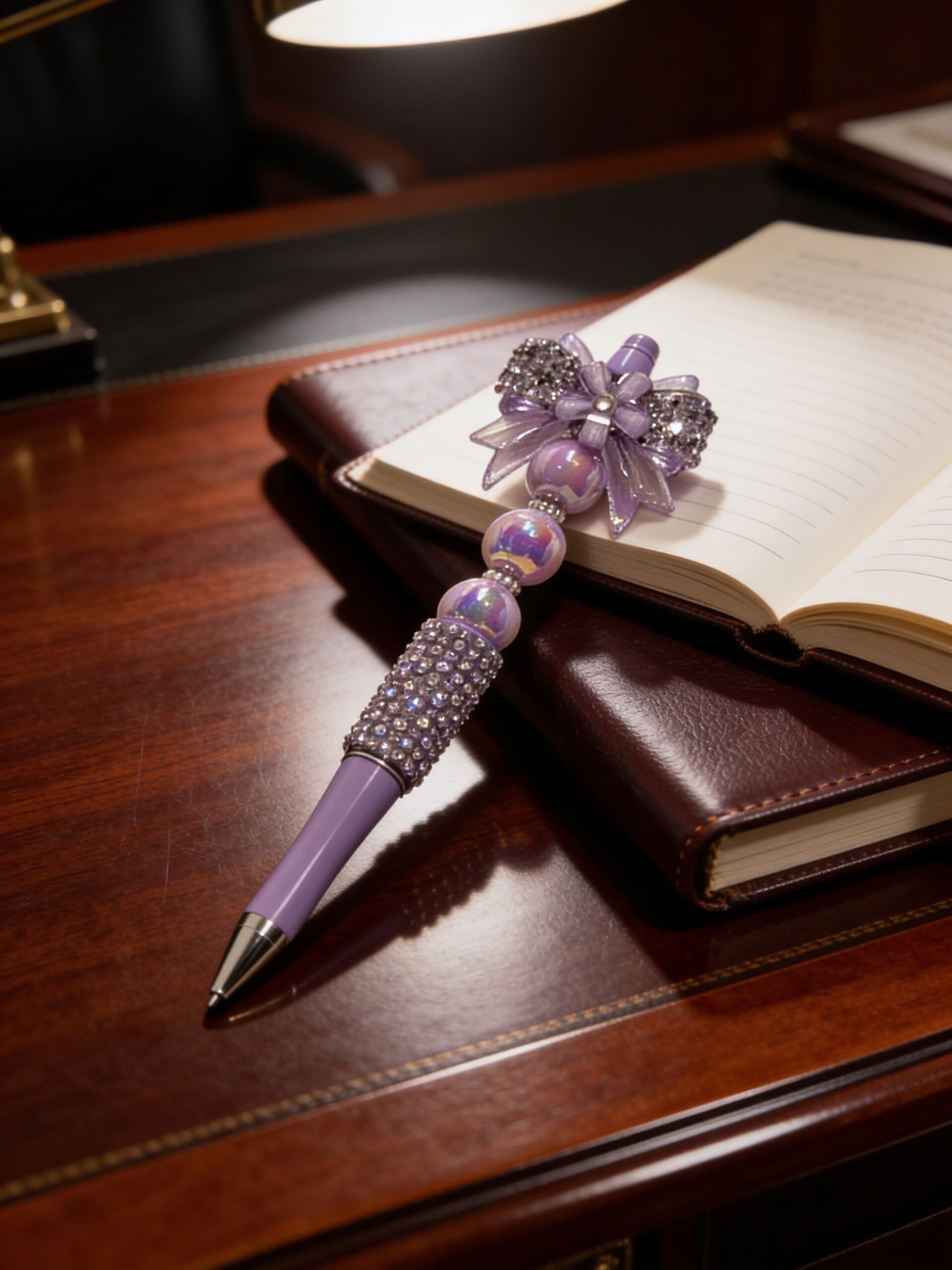 Pastel Lavender Floral Bow Custom Beaded Pen – Iridescent Rhinestone Bling