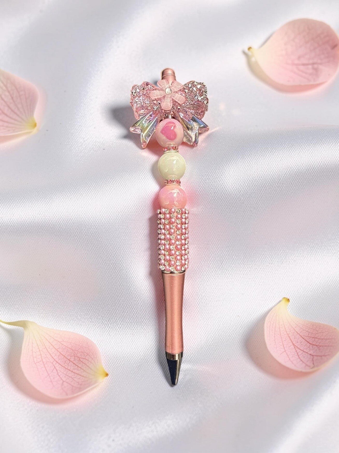 Coquette Pink Floral Bow Custom Beaded Pen – Pearl & Heart Rhinestone Bling
