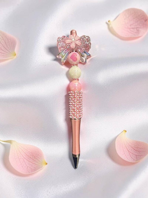 Coquette Pink Floral Bow Custom Beaded Pen – Pearl & Heart Rhinestone Bling