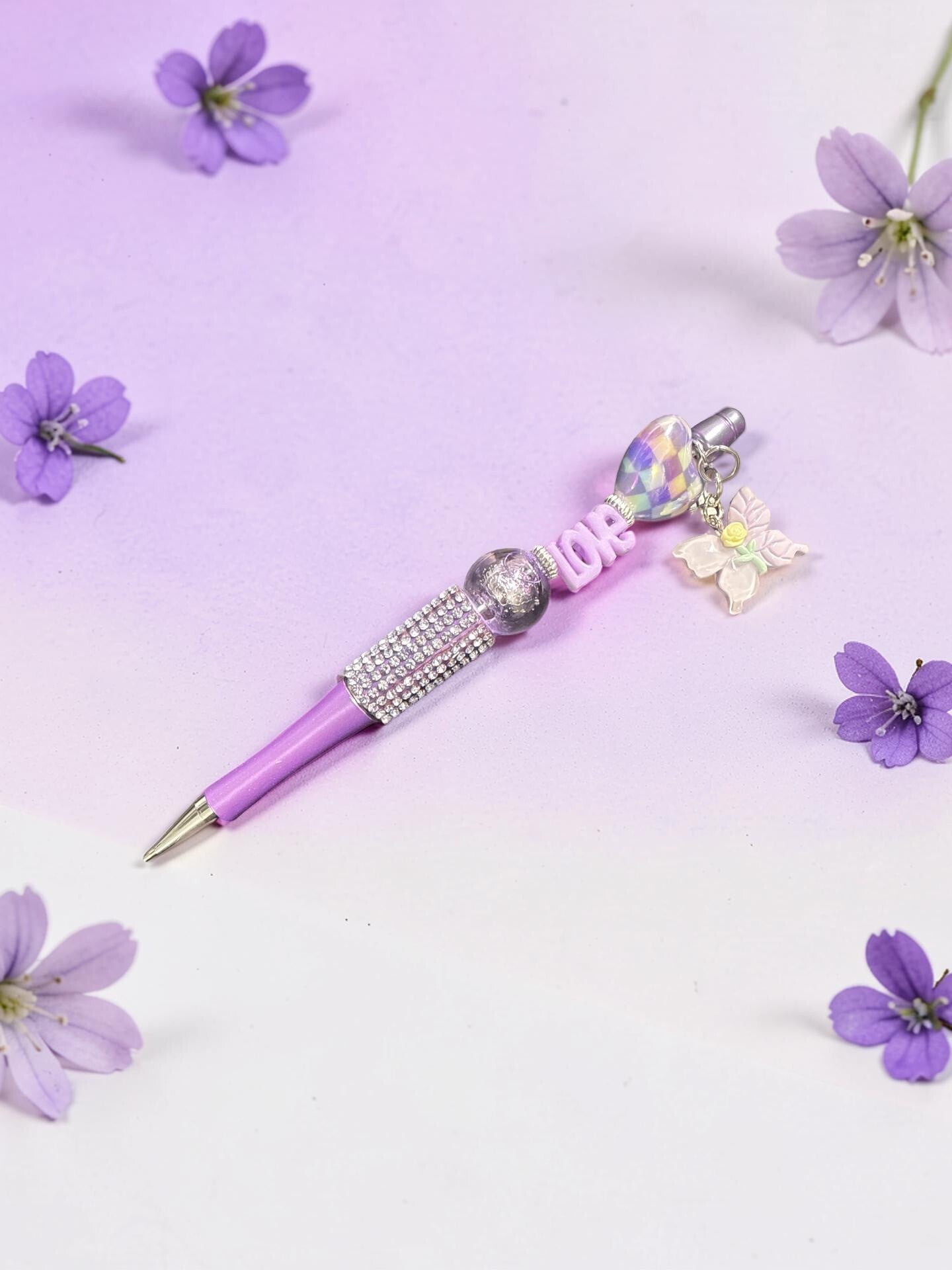 Pastel Lavender Butterfly Charm Pen – Rhinestone Grip & Crystal "LOVE" Design