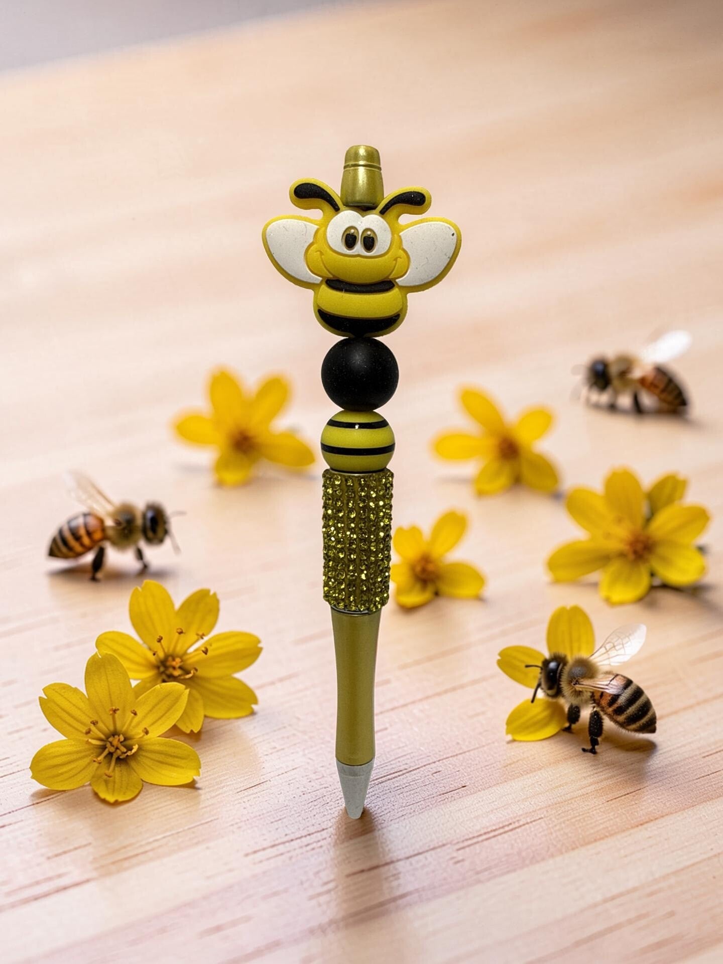 Handcrafted Bumblebee Beaded Pen – Glittering Yellow Rhinestone Bling