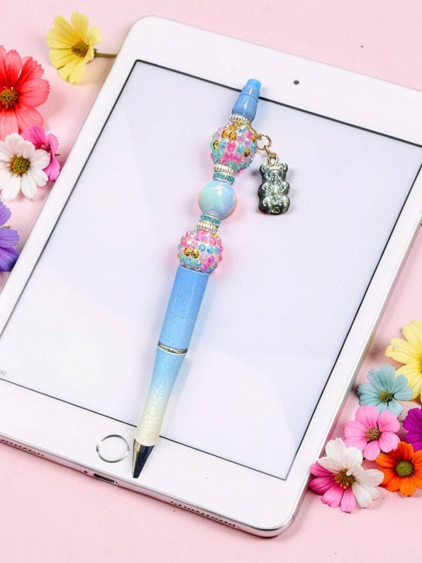 Handcrafted Sky Blue Teddy Bear Charm Pen – Iridescent Glitter Ombre Design