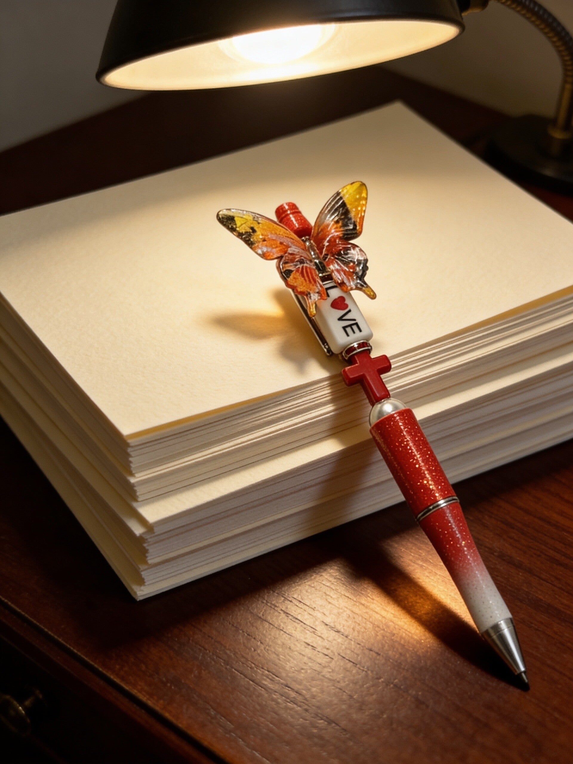 Butterfly & Cross Custom Beaded Pen – Red Glitter "LOVE" Design