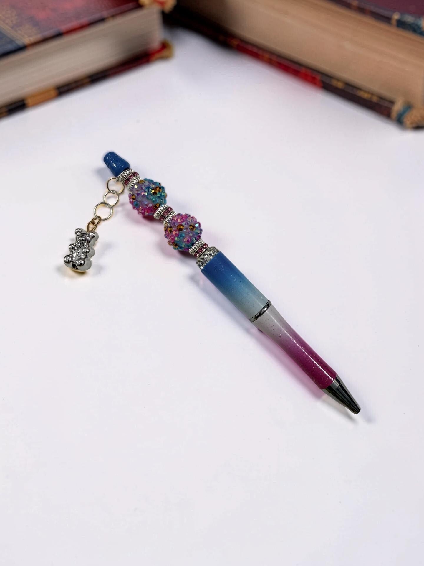 Teddy Bear Beaded Pen – Blue & Pink Ombre Crystal Design