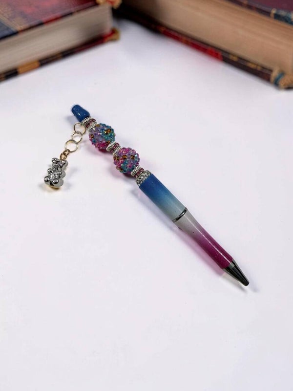 Teddy Bear Beaded Pen – Blue & Pink Ombre Crystal Design