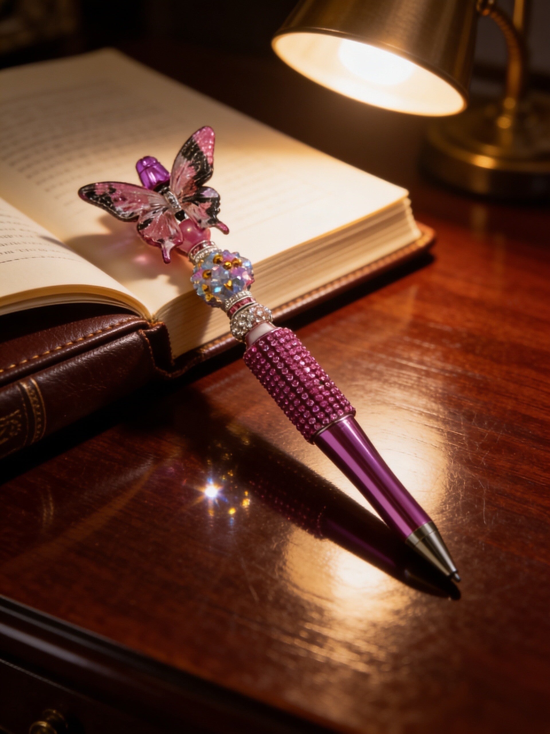 Handcrafted Purple Butterfly Beaded Pen – Magenta Rhinestone Bling Design