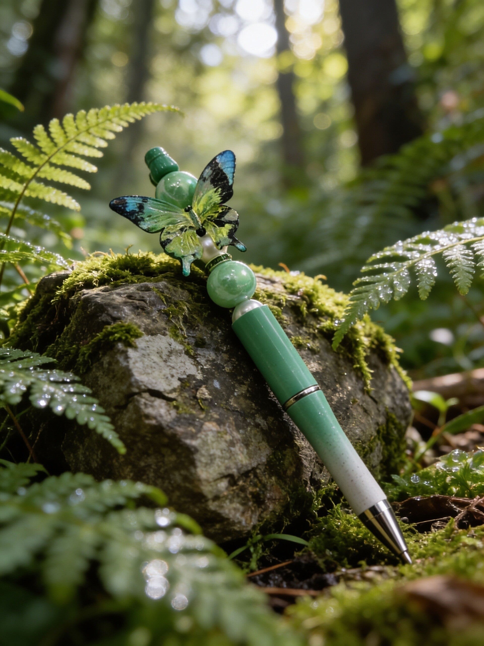 Butterfly Beaded Pen – Mint Ombre & Pearl Accent