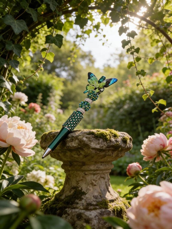Enchanted Butterfly Beaded Pen – Emerald & Teal Rhinestone Bling
