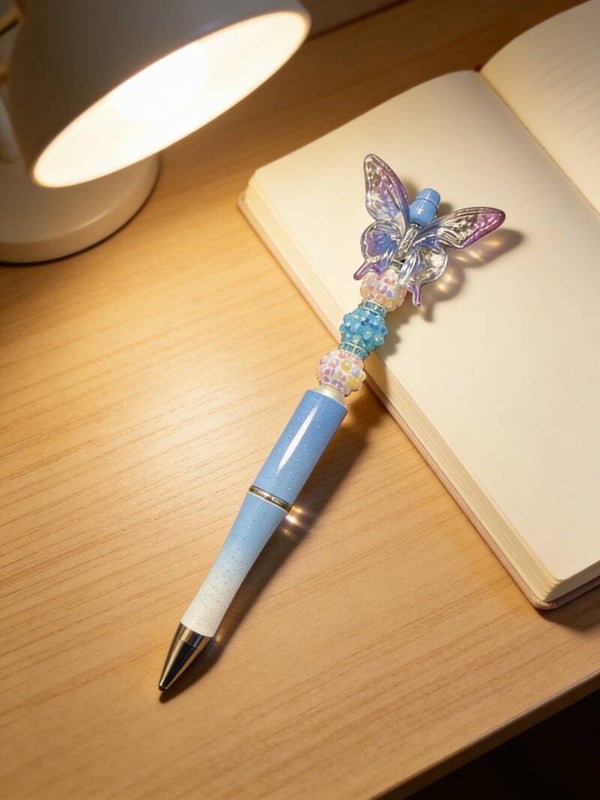 Handcrafted Pastel Butterfly Beaded Pen – Glitter Sky Blue Ombre Design