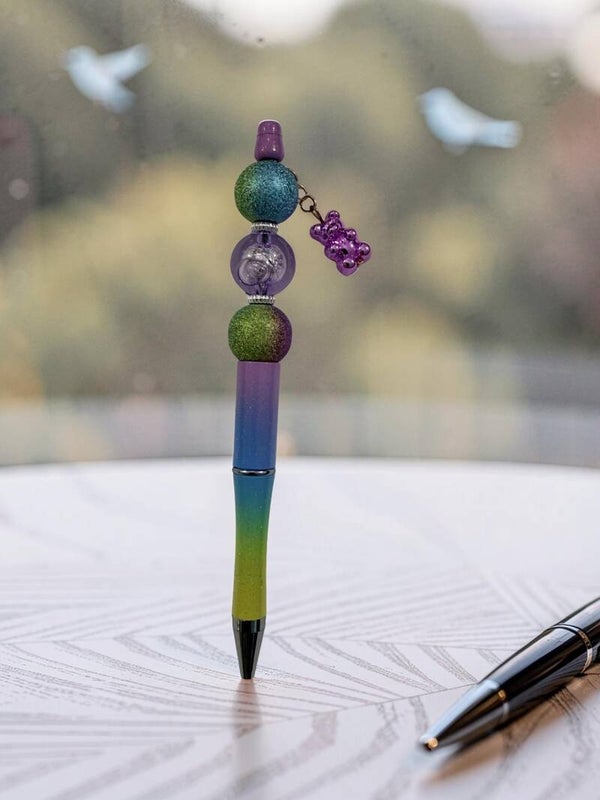 Handcrafted Gummy Bear Beaded Pen – Rainbow Glitter & Crystal Ball Design