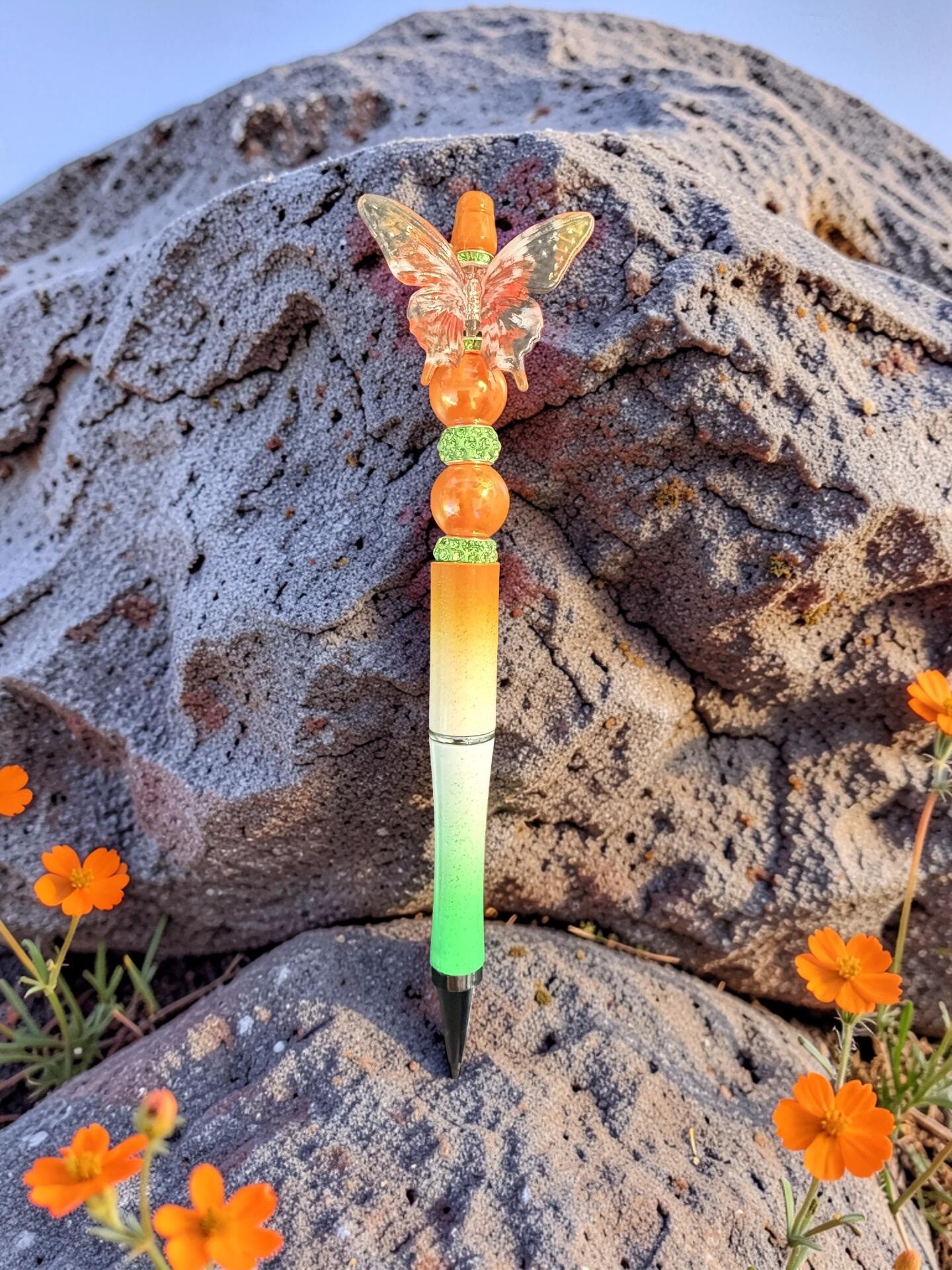 Bright Orange and Green Butterfly Beaded Pen