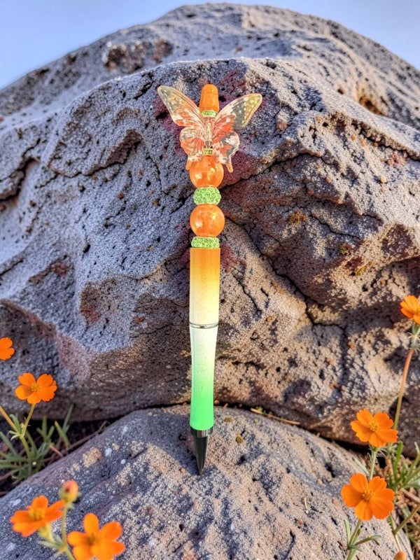 Bright Orange and Green Butterfly Beaded Pen