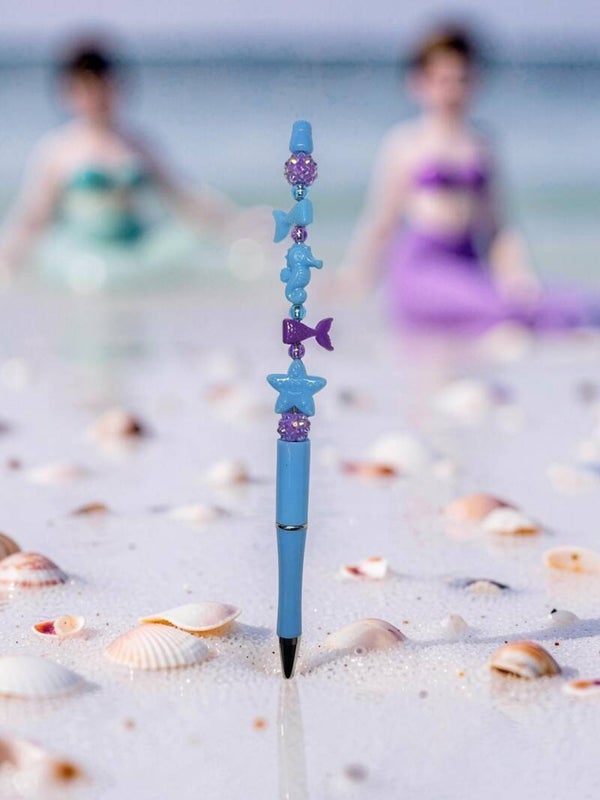 Enchanting Mermaid & Ocean Custom Beaded Pen – Sea Blue & Purple Bling