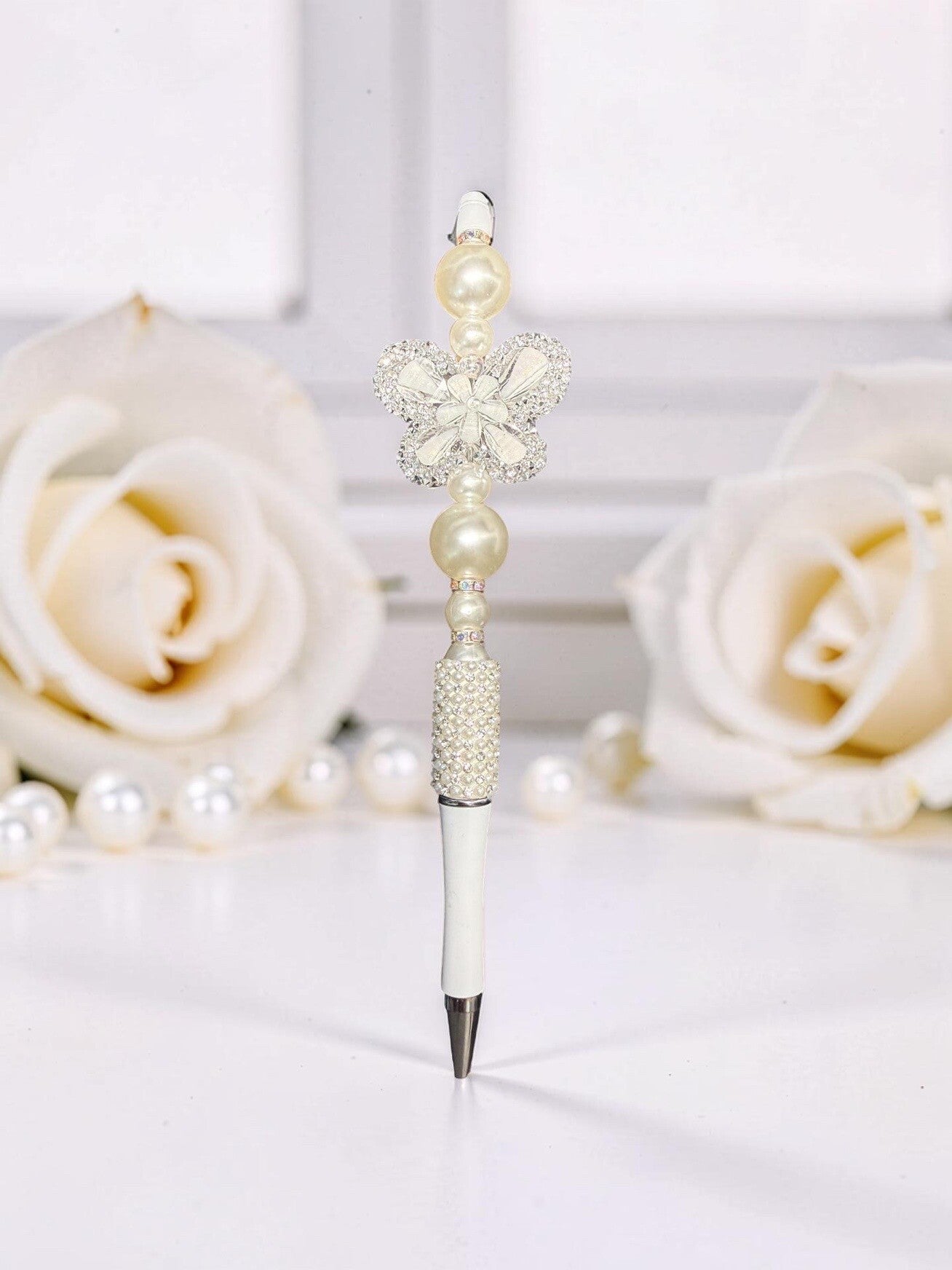 Elegant Butterfly & Pearl Custom Beaded Pen – Clean White & Silver Bling