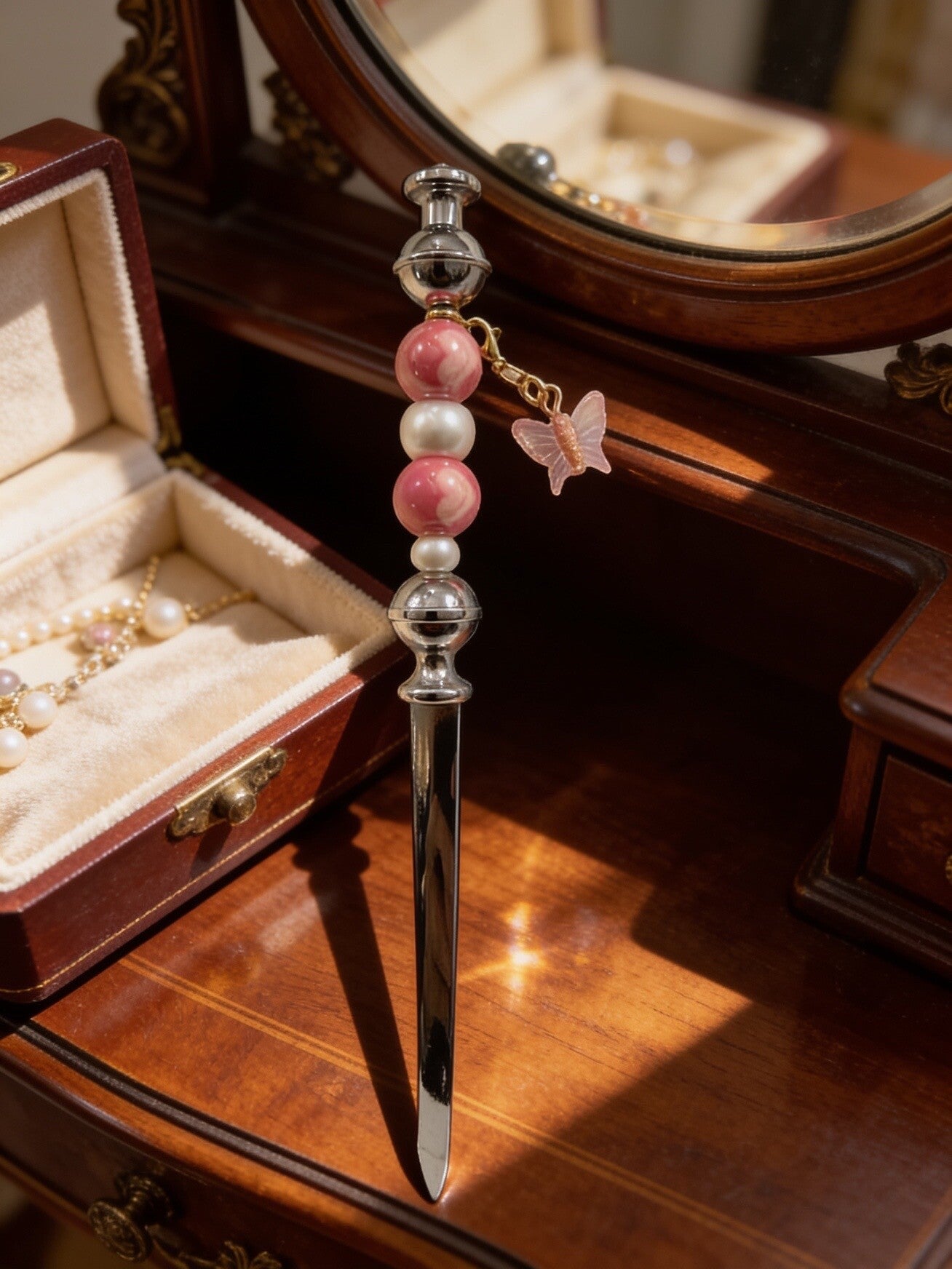 Pink Marbled & Pearl Stainless Steel Envelope Slicer with Butterfly Charm