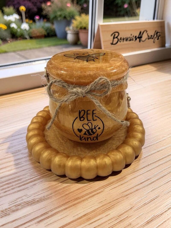 Handmade Honeybee Resin Jar and Tray Set | "Bee Kind" Trinket Box