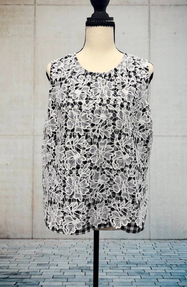Floral Lace Overlay Gingham Sleeveless Tank Top