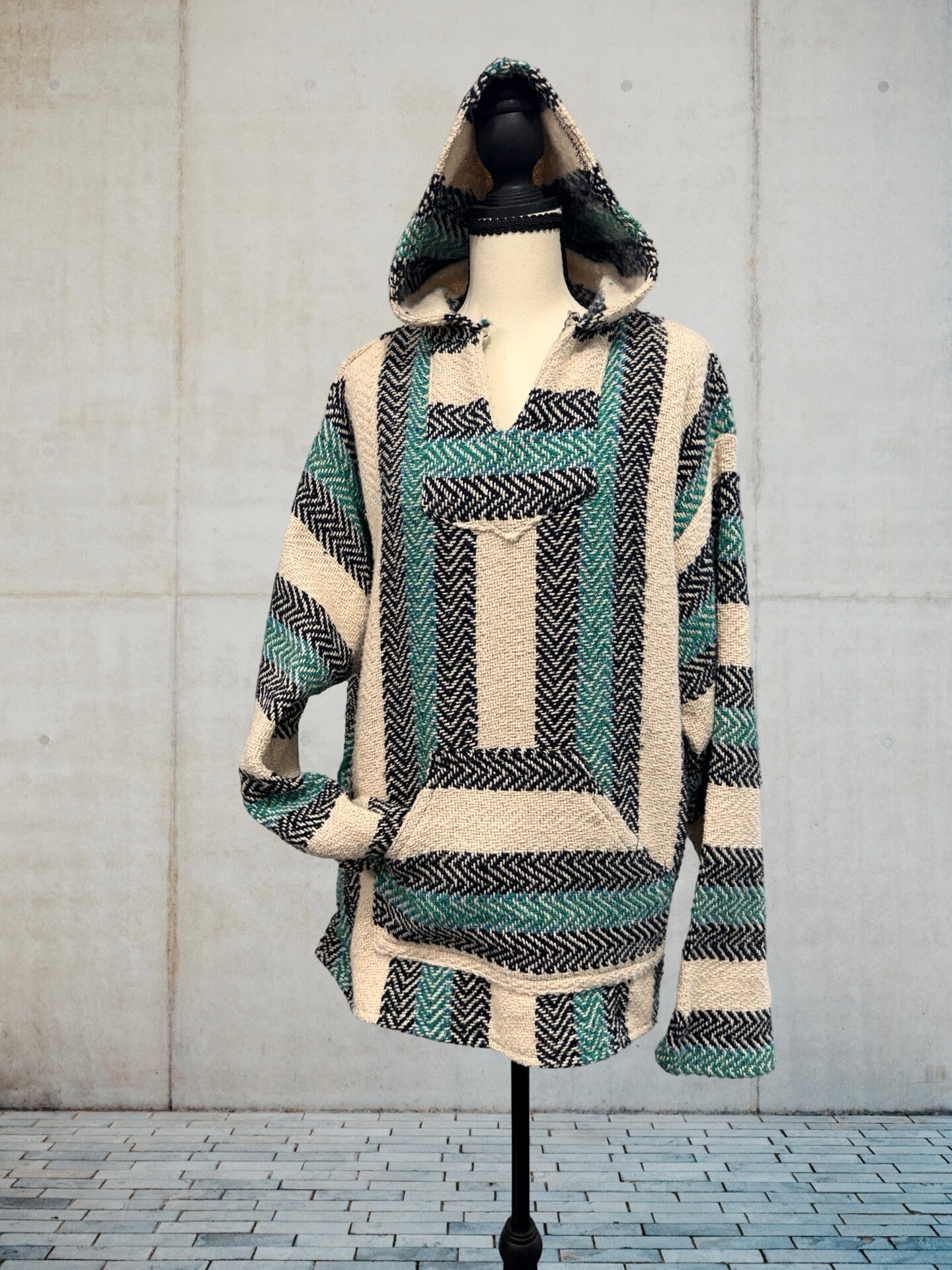 Mexican Baja Hoodie Pullover Jersey – Teal & Black Herringbone Stripe