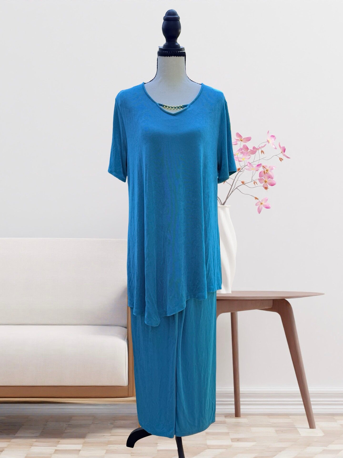 Chico's Travelers Teal Blue Asymmetrical Top & Pants Set