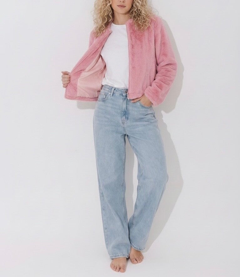 Pastel Pink Faux Fur Open-Front Crop Jacket