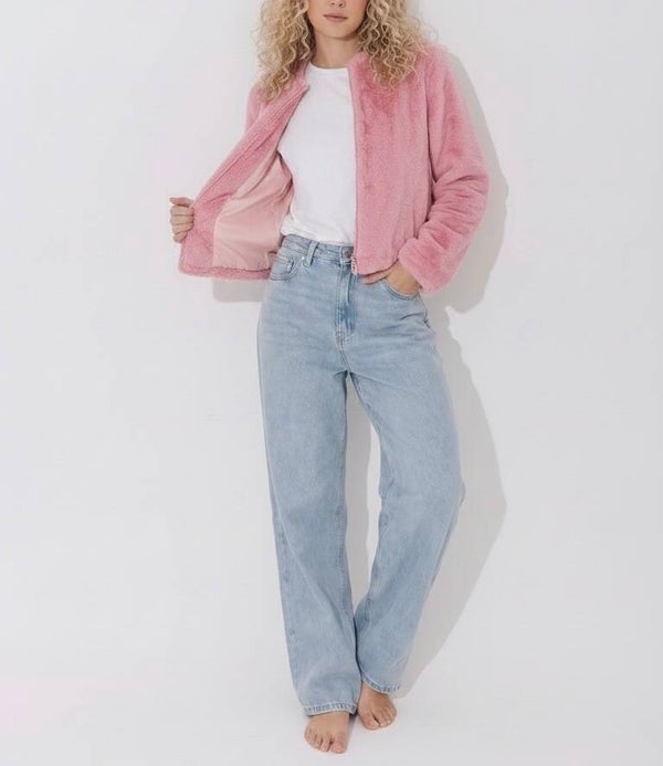 Pastel Pink Faux Fur Open-Front Crop Jacket