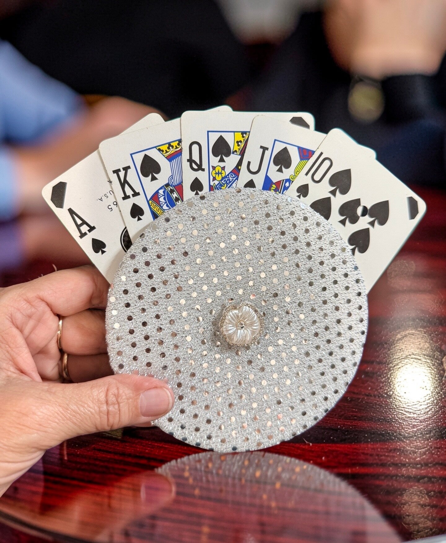 Vintage Silver Sequin Fabric Round Playing Card Holder Two Different Sides